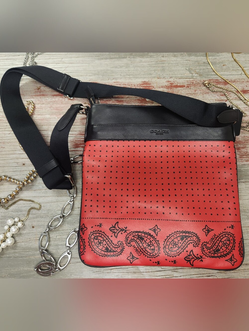 Coach Charles Red/Black Bandana Print Leather Sport Calf Crossbody Bag F55961